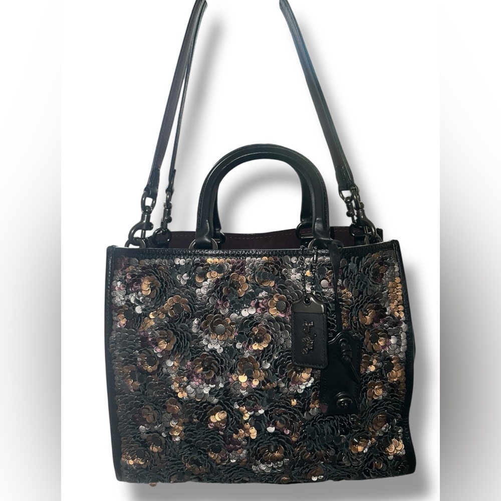 Coach Black Sequin Floral Satchel with Gold and Brown Sequins